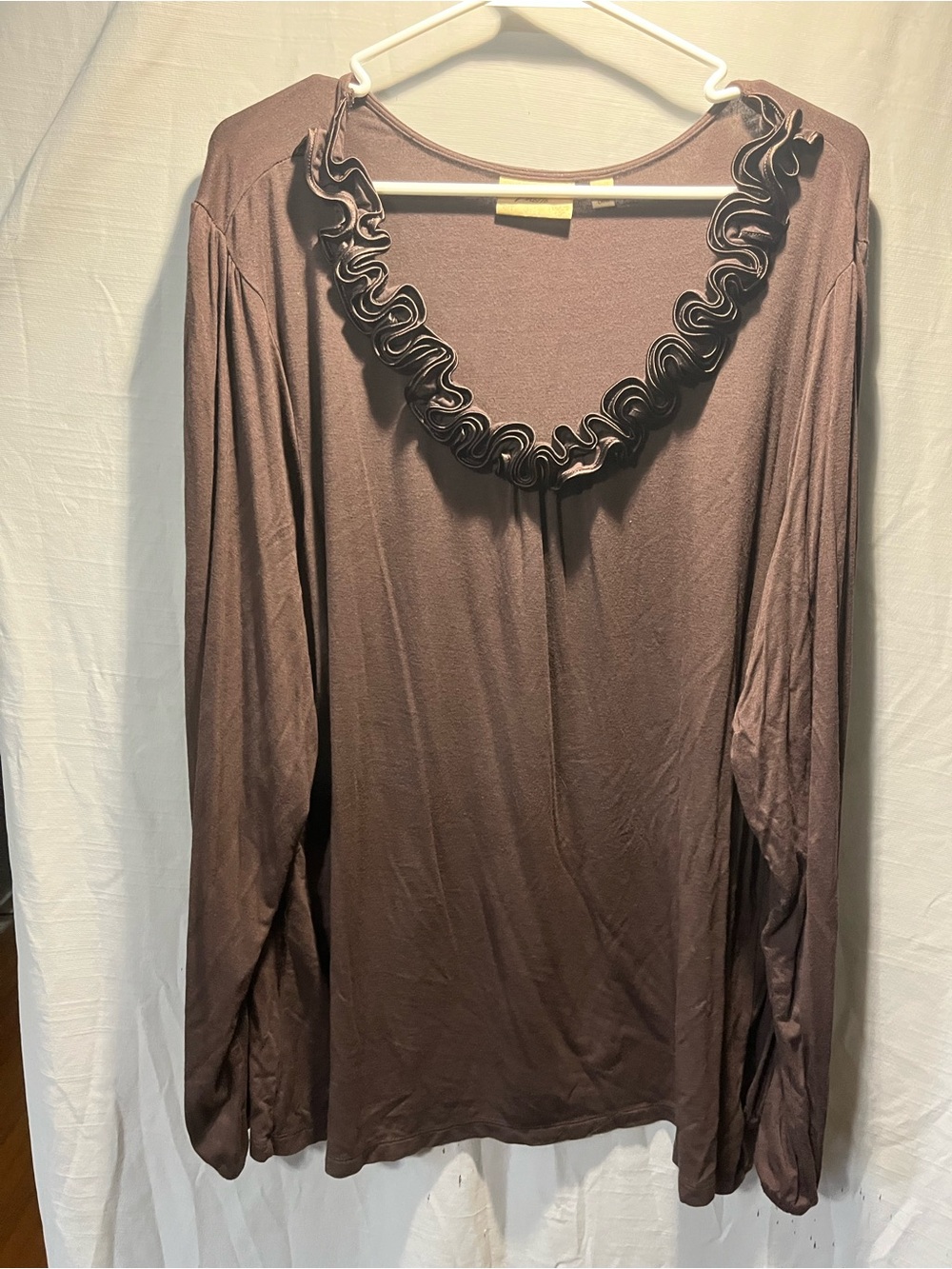 Women's Brown Ruffle-Trim Long Sleeve Top